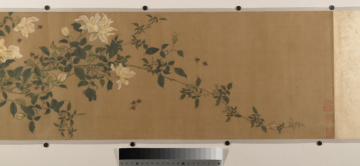 Yellow Roses and Bees, Pink Roses and Wasps, Unidentified artist, Handscroll; ink and color on silk, China