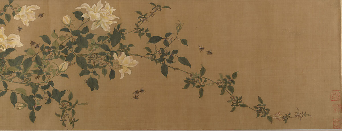 Yellow Roses and Bees, Pink Roses and Wasps, Unidentified artist, Handscroll; ink and color on silk, China 