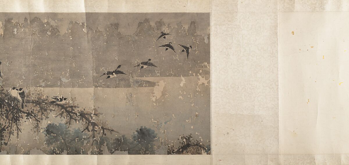 Landscape with White-Breasted Crows, Attributed to Zha Shibiao (Chinese, 1615–1698), Handscroll; ink and color on paper, China