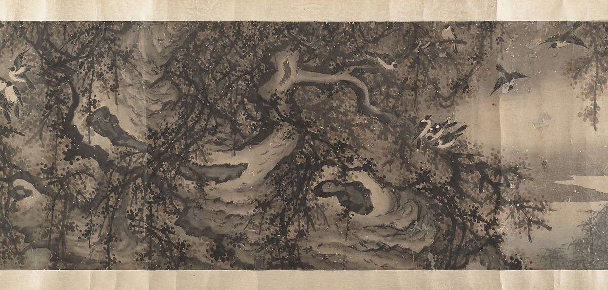 Landscape with White-Breasted Crows, Attributed to Zha Shibiao (Chinese, 1615–1698), Handscroll; ink and color on paper, China