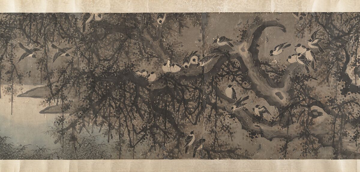 Landscape with White-Breasted Crows, Attributed to Zha Shibiao (Chinese, 1615–1698), Handscroll; ink and color on paper, China