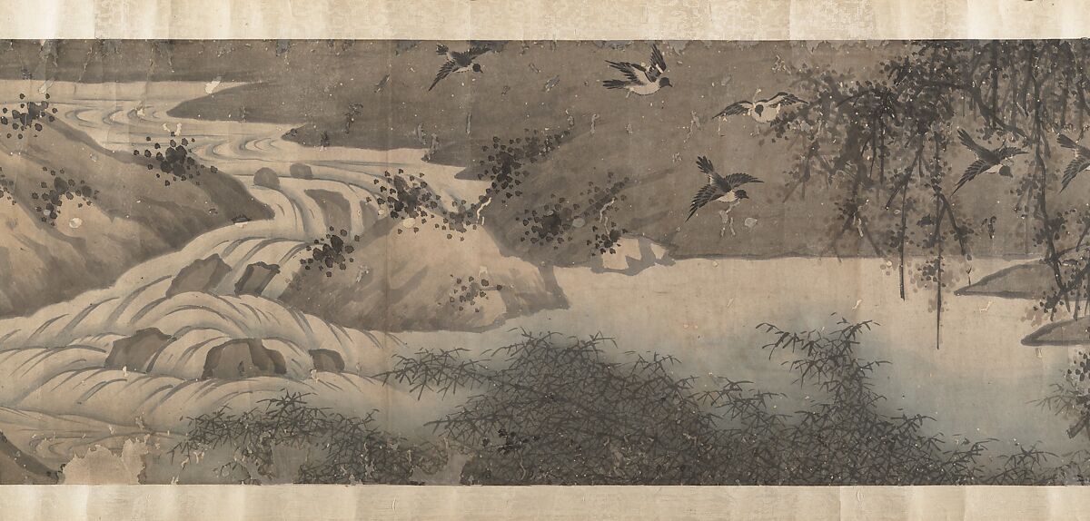 Landscape with White-Breasted Crows, Attributed to Zha Shibiao (Chinese, 1615–1698), Handscroll; ink and color on paper, China