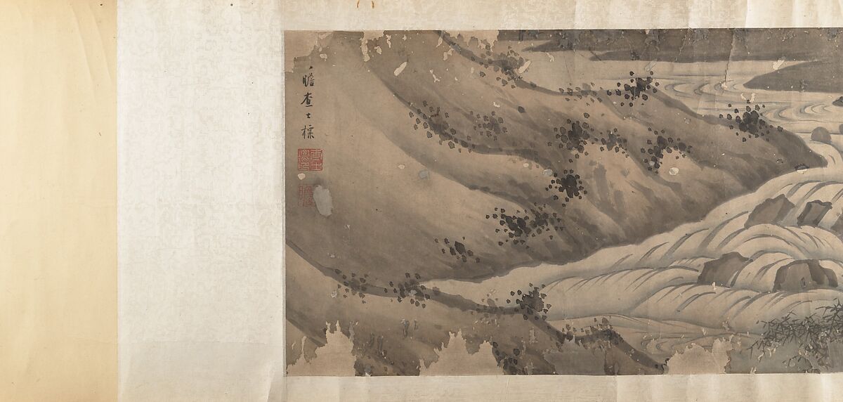 Landscape with White-Breasted Crows, Attributed to Zha Shibiao (Chinese, 1615–1698), Handscroll; ink and color on paper, China