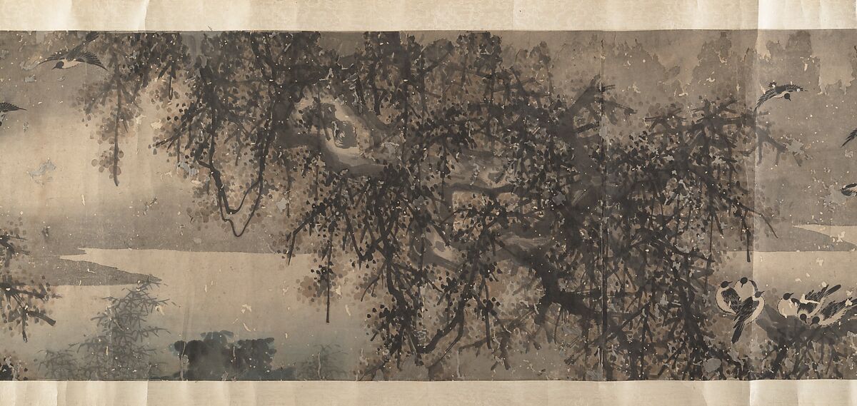 Landscape with White-Breasted Crows, Attributed to Zha Shibiao (Chinese, 1615–1698), Handscroll; ink and color on paper, China
