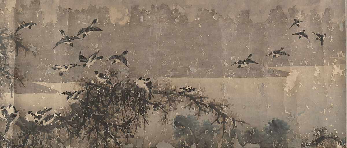Landscape with White-Breasted Crows, Attributed to Zha Shibiao (Chinese, 1615–1698), Handscroll; ink and color on paper, China 