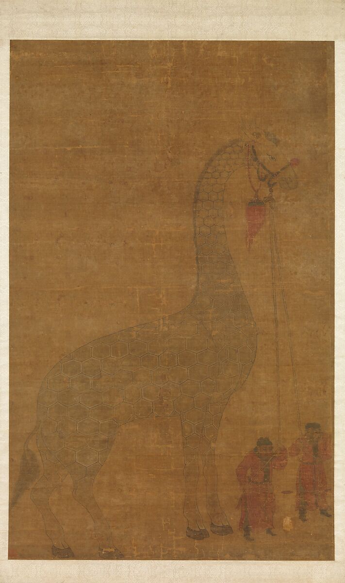Giraffe with Two Keepers, Unidentified artist (Chinese, 17th century or later), Ink and color on silk, China 