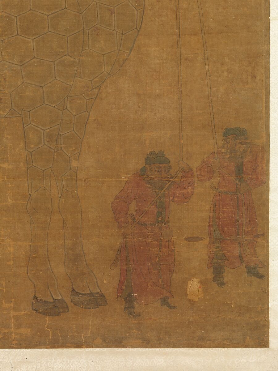 Giraffe with Two Keepers, Unidentified artist (Chinese, 17th century or later), Ink and color on silk, China