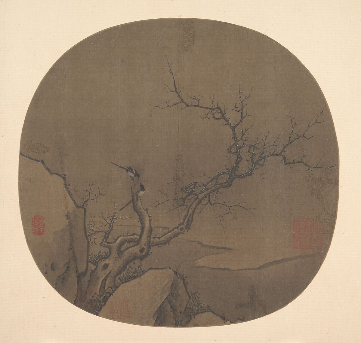 Wintery Bough and Magpies, Unidentified artist, Fan mounted as an album leaf; ink and white pigment on silk, China 