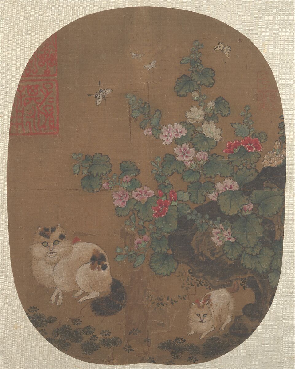 Hollyhocks and Cats, Unidentified artist, Fan mounted as an album leaf; ink and color on silk, China 