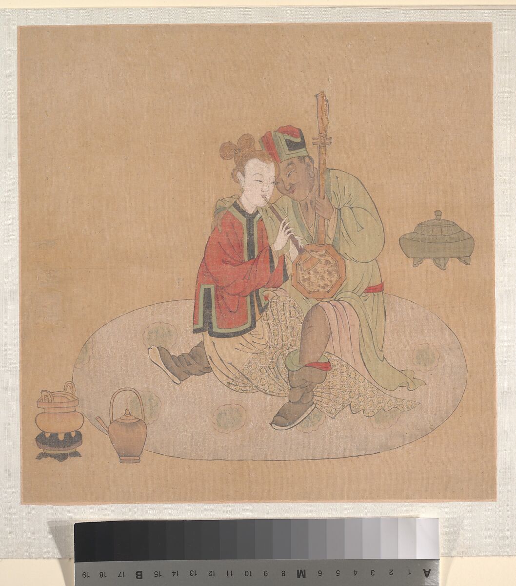 Tartar Officer with Blond Lady Playing Musical Instruments, Unidentified artist, Album leaf; ink and color on silk, China 