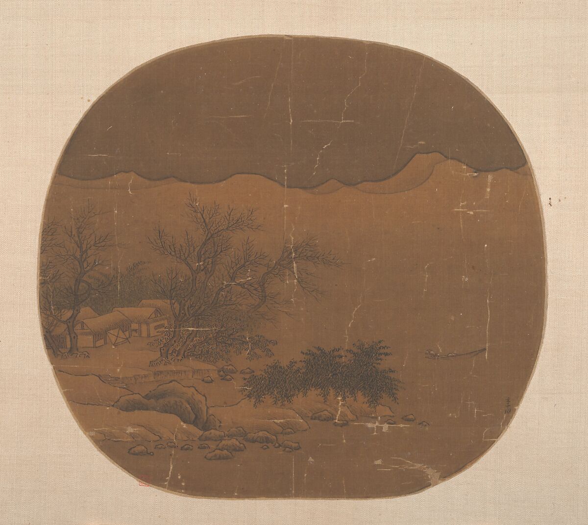 Landscape with Fishing Village and Boat on Lake, Unidentified artist, Fan mounted as an album leaf; ink and color on silk, China 