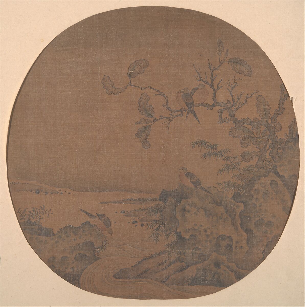 Landscape with Birds, Unidentified artist, Fan mounted as an album leaf; ink and color on silk, China 