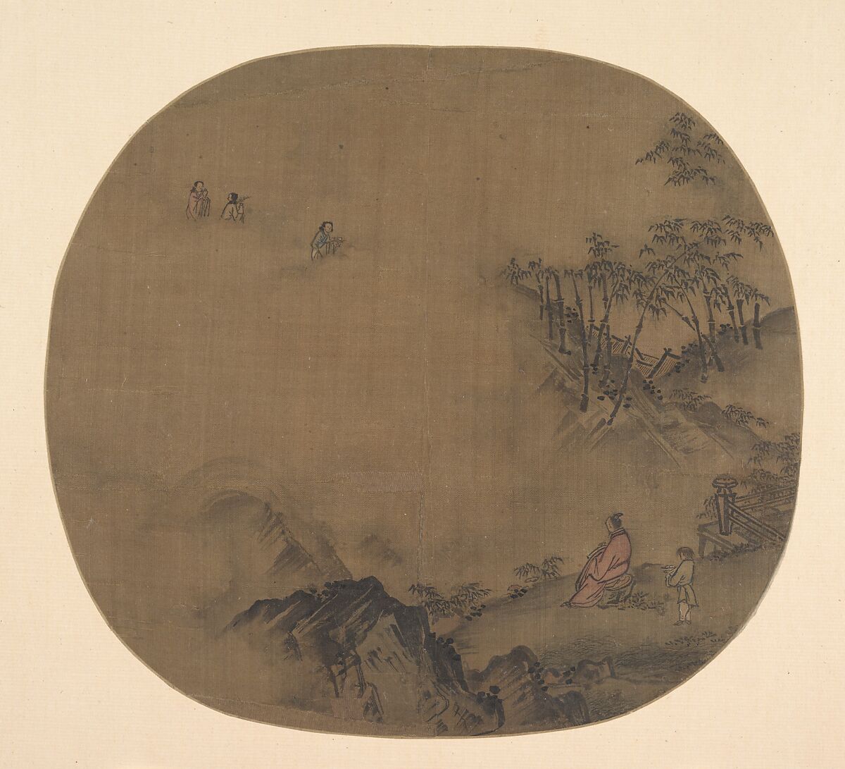 Misty Landscape with Scholars and Attendants, Unidentified artist, Fan mounted as an album leaf; ink and color on silk, China 