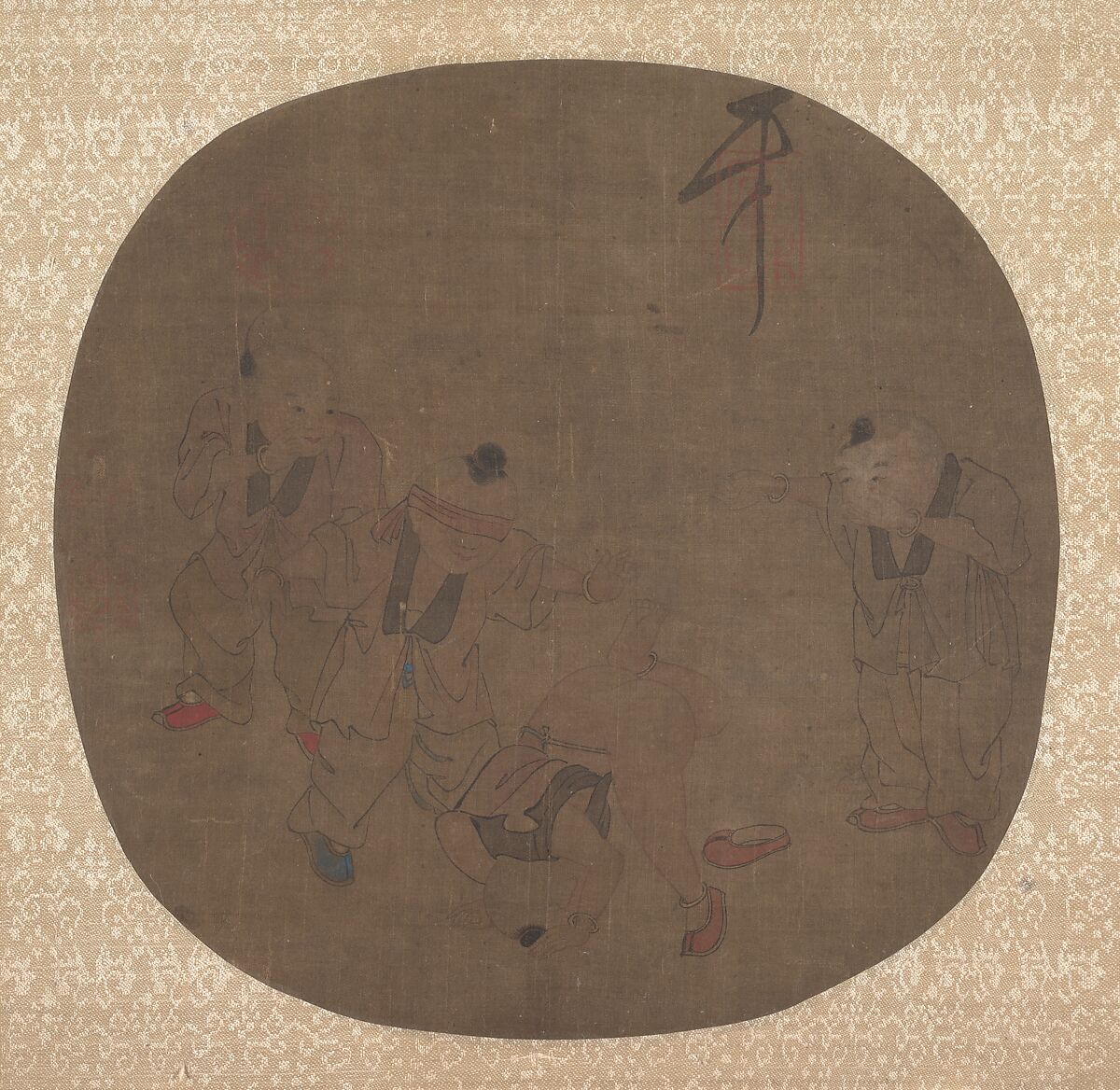 Chinese Children at Play, Unidentified artist, Fan mounted as an album leaf; ink and color on silk, China 