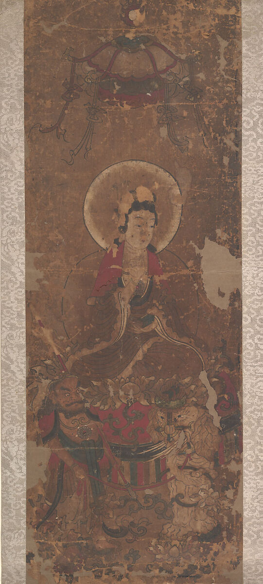 Pu Xian on Elephant, Unidentified artist, Hanging scroll, fragment; ink and color on paper, China 