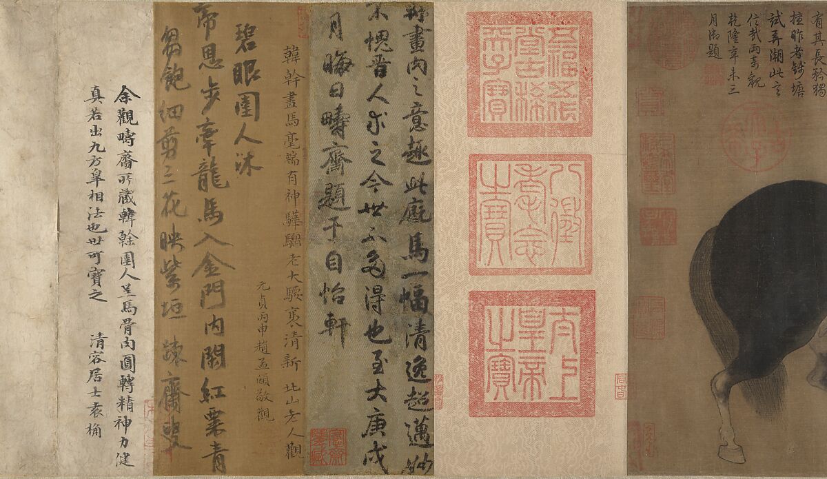 Horse and groom, Unidentified artist (16th century)  , formerly attributed to Han Gan (active ca. 742–56), Handscroll; ink and color on silk, China