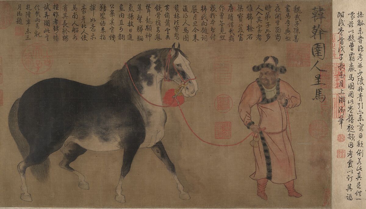 Horse and groom, Unidentified artist (16th century)  , formerly attributed to Han Gan (active ca. 742–56), Handscroll; ink and color on silk, China