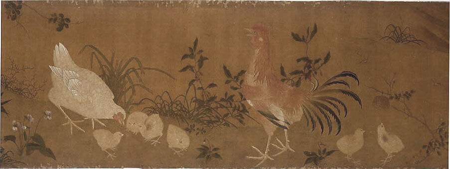 Hen, Cock and Chickens, Unidentified artist, Handscroll; ink and color on silk, China 