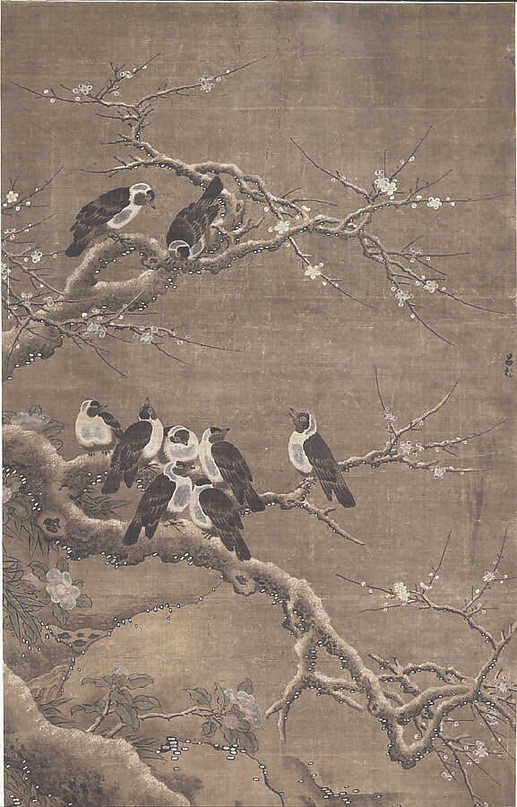 Collared Crows on Winter Prunus, Unidentified artist, Hanging scroll; ink and color on silk, China 