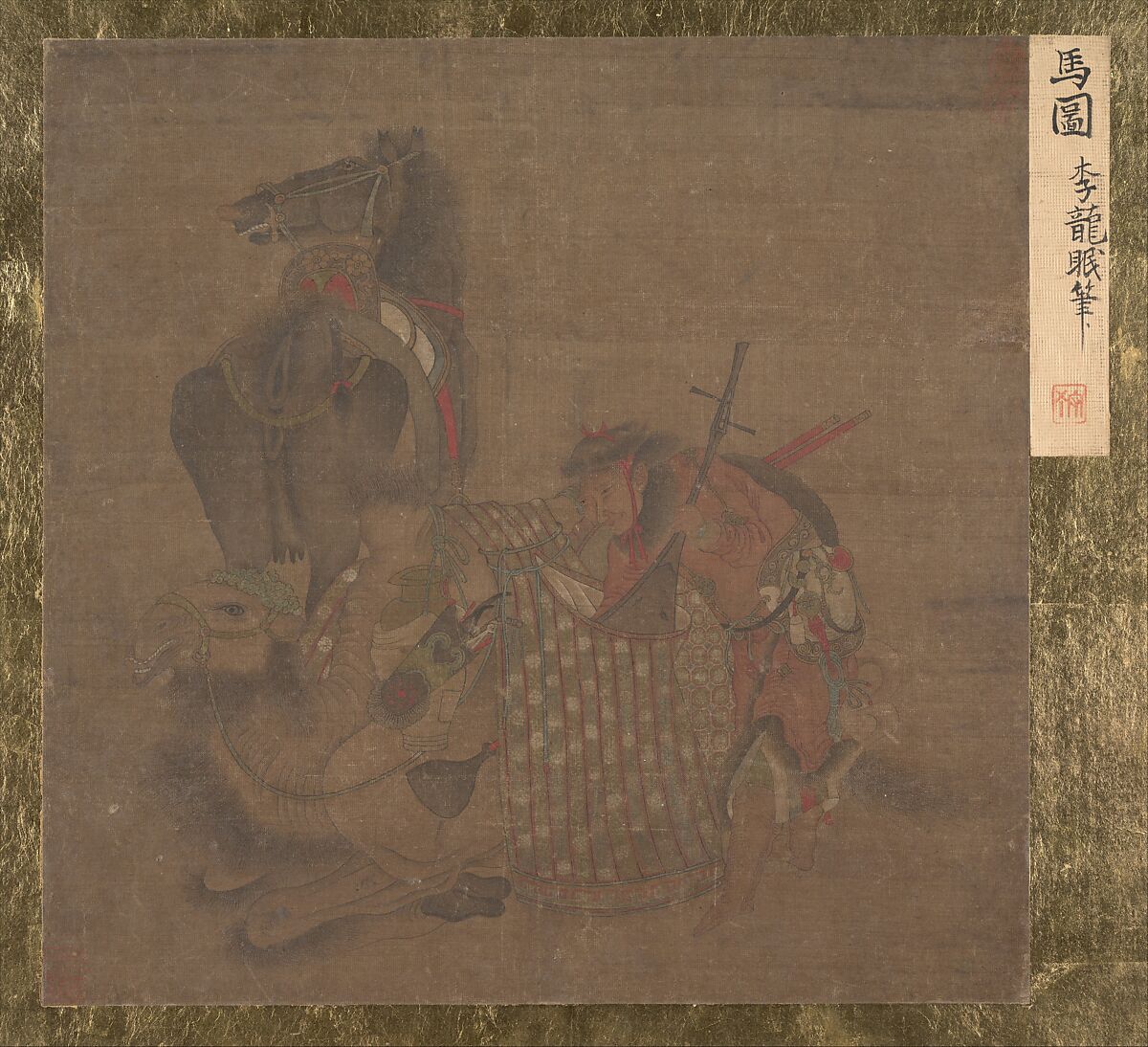 Mongol with Horse and Camel, Unidentified artist, Album leaf; ink and color on silk, China 
