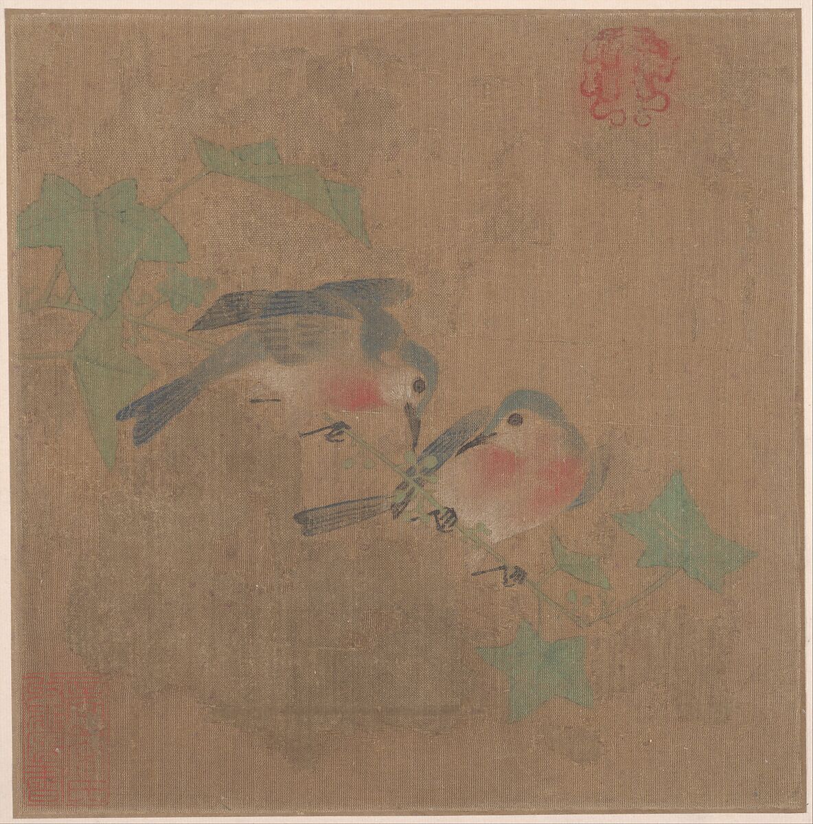 Birds on Fruit Branch, Unidentified artist, Album leaf; ink and color on silk, China 