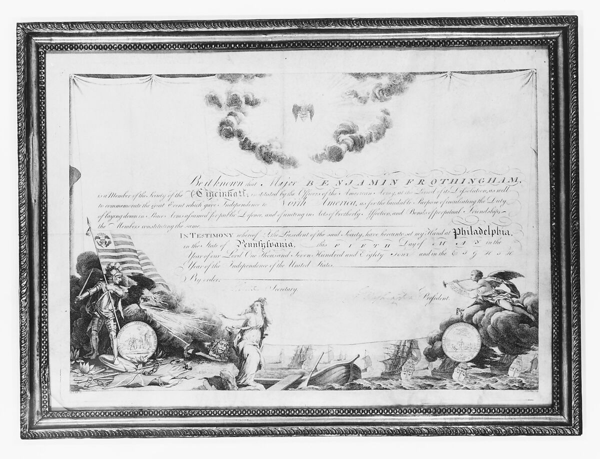 Membership Certificate of the Society of the Cincinnati, Designed by Aug. L. Belle, Vellum, American 