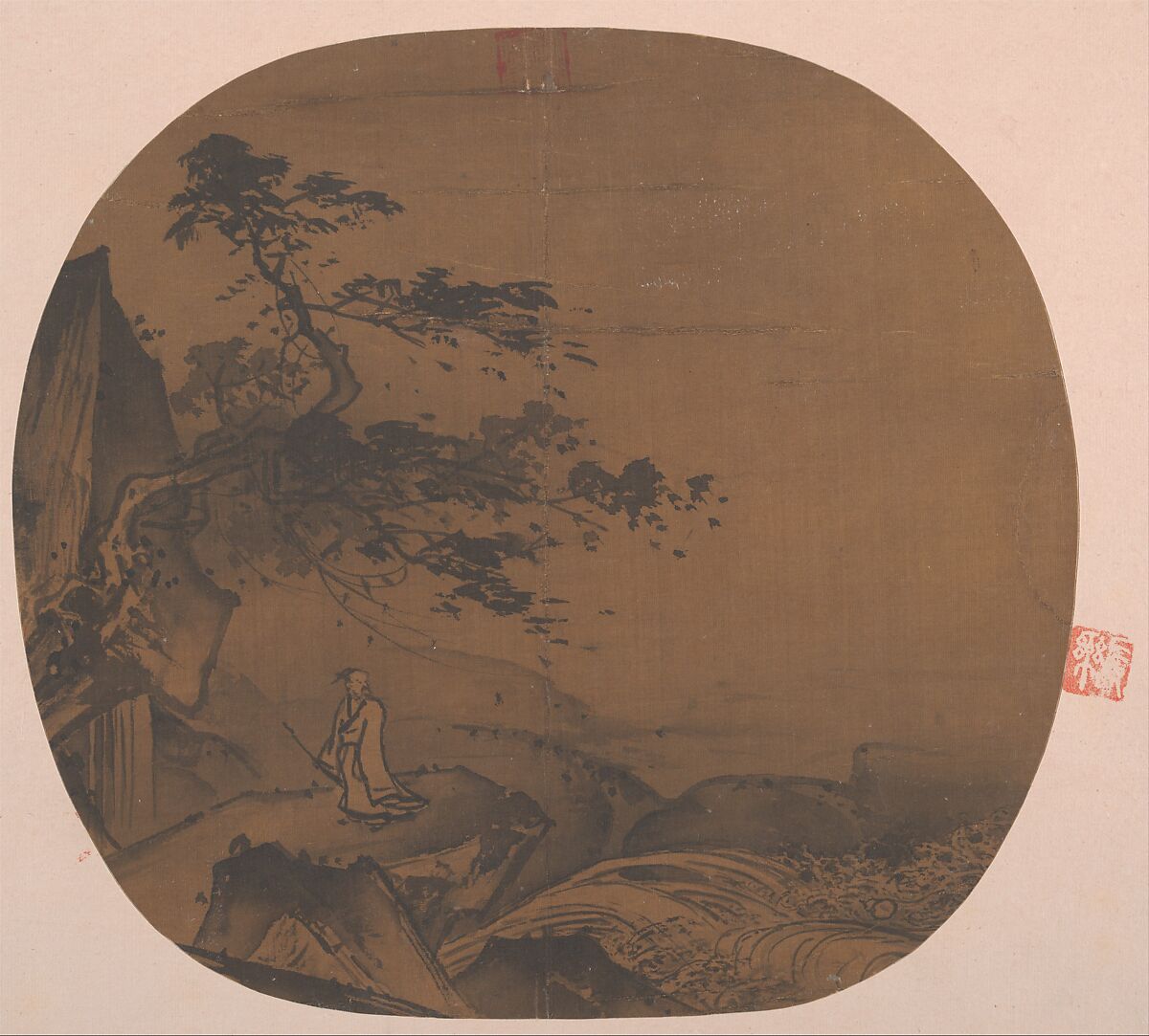 Sage under Windy Tree, Unidentified artist, Fan mounted as an album leaf; ink on silk, China 