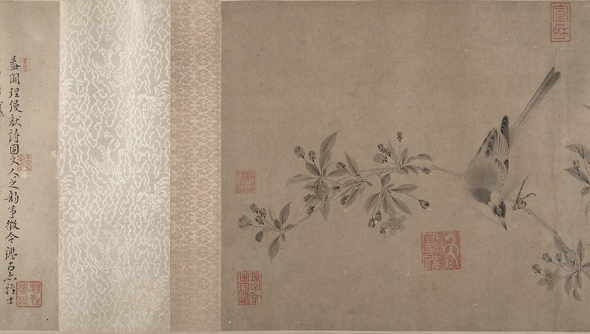 Chinese bulbuls on flowering crab apple, Unidentified artist, Handscroll; ink on paper, China