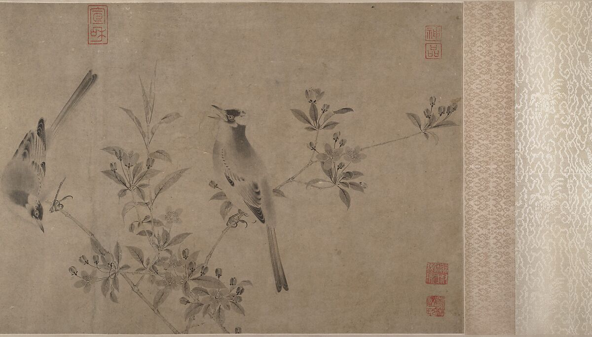 Chinese bulbuls on flowering crab apple, Unidentified artist, Handscroll; ink on paper, China