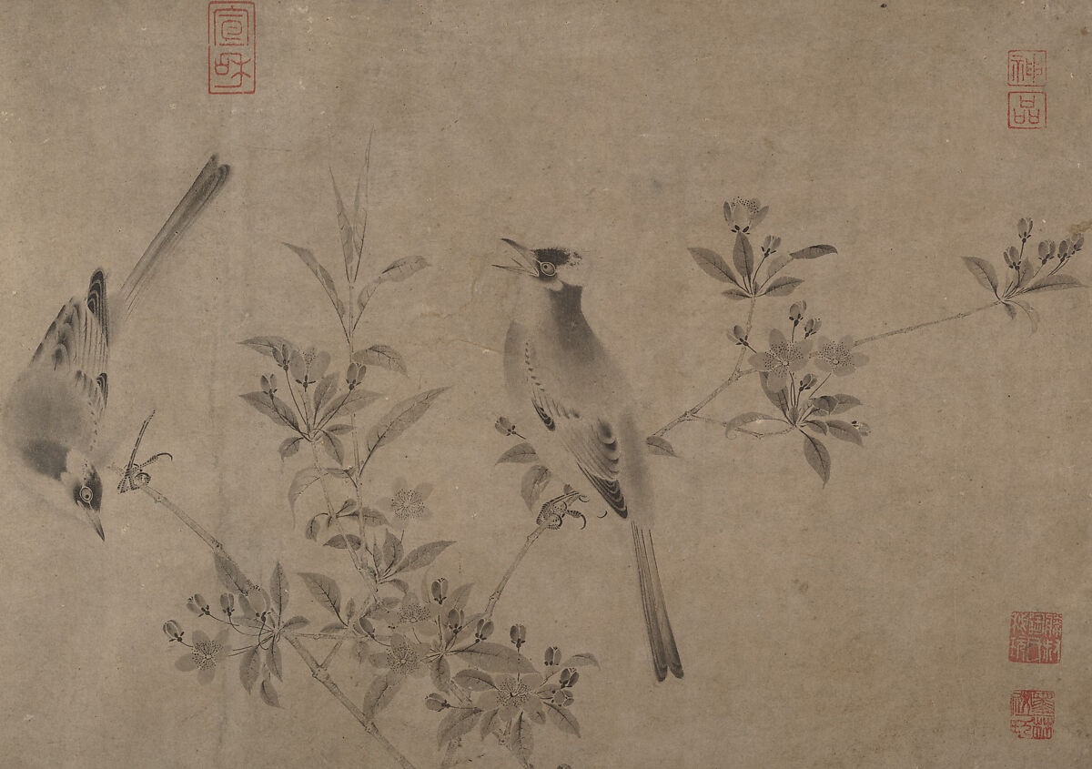 Chinese Bulbuls on Flowering Cherry-Apple, Unidentified artist, Handscroll; ink on paper, China 
