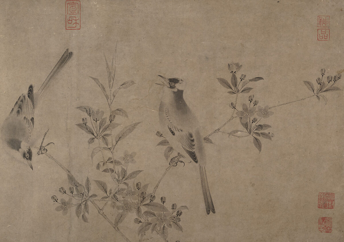 Chinese bulbuls on flowering crab apple, Unidentified artist, Handscroll; ink on paper, China 