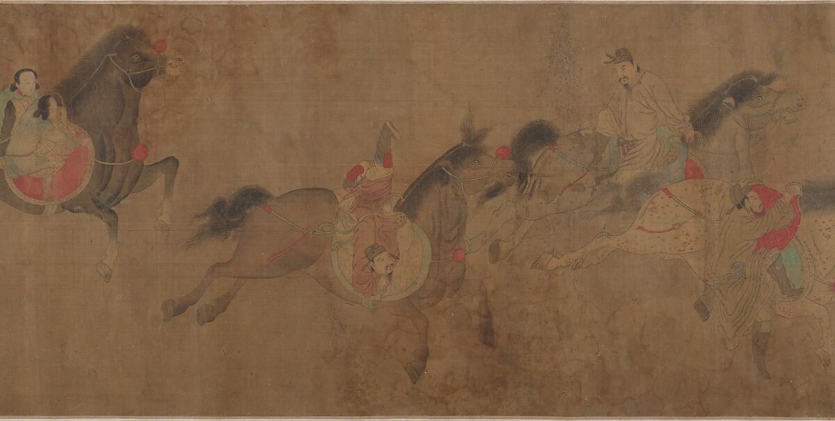 Horsemanship demonstration, Spurious signature of Zhao Yong (Chinese, 1289–after 1360), Handscroll; ink and color on silk, China