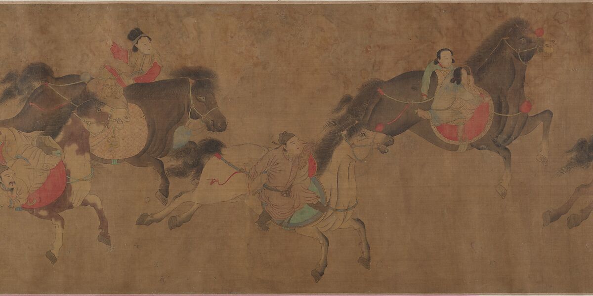 Horsemanship demonstration, Spurious signature of Zhao Yong (Chinese, 1289–after 1360), Handscroll; ink and color on silk, China
