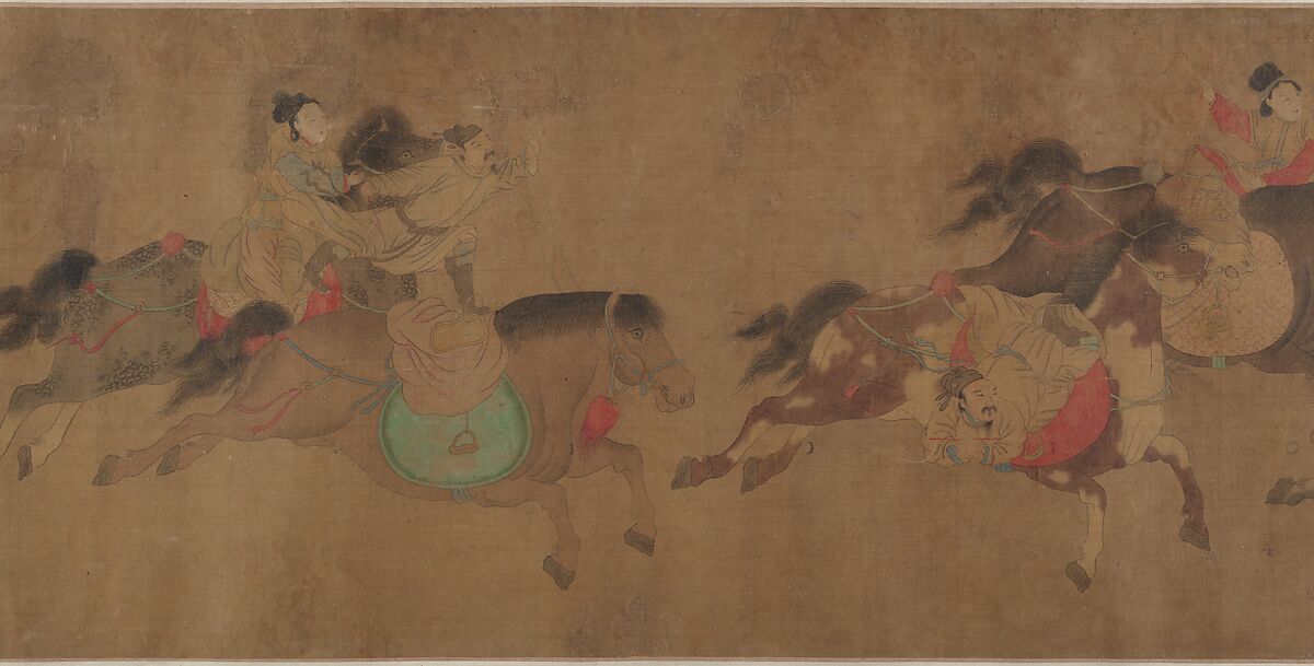 Horsemanship demonstration, Spurious signature of Zhao Yong (Chinese, 1289–after 1360), Handscroll; ink and color on silk, China