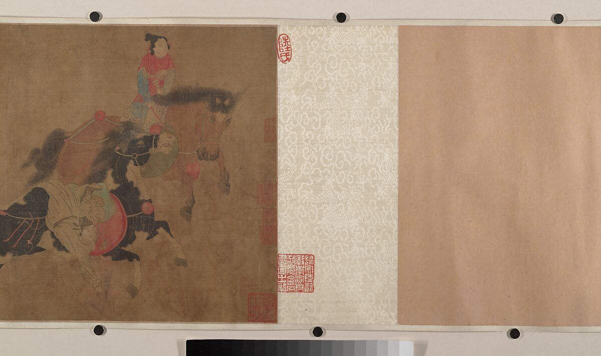 Horsemanship demonstration, Spurious signature of Zhao Yong (Chinese, 1289–after 1360), Handscroll; ink and color on silk, China