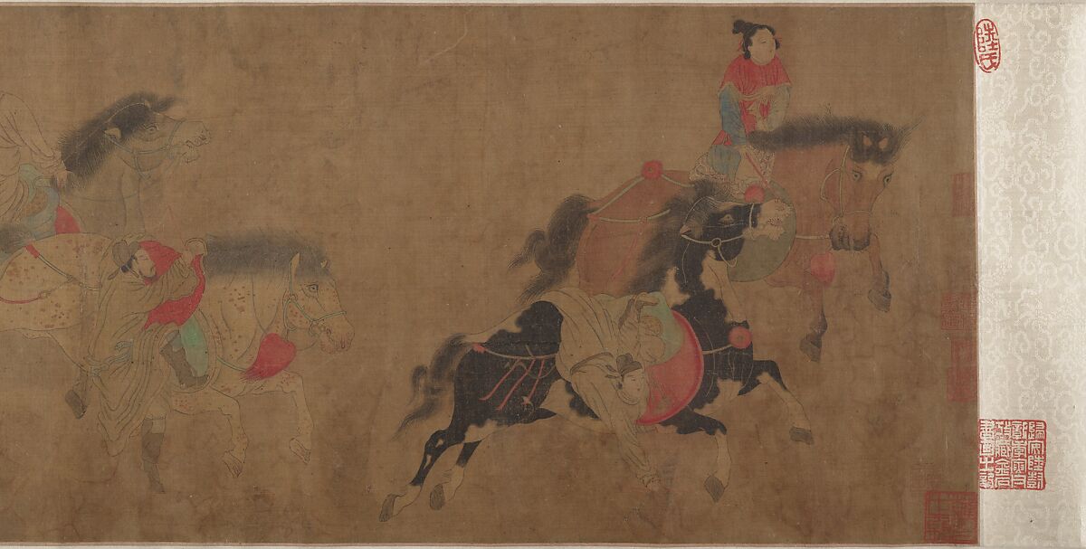 Horsemanship demonstration, Spurious signature of Zhao Yong (Chinese, 1289–after 1360), Handscroll; ink and color on silk, China