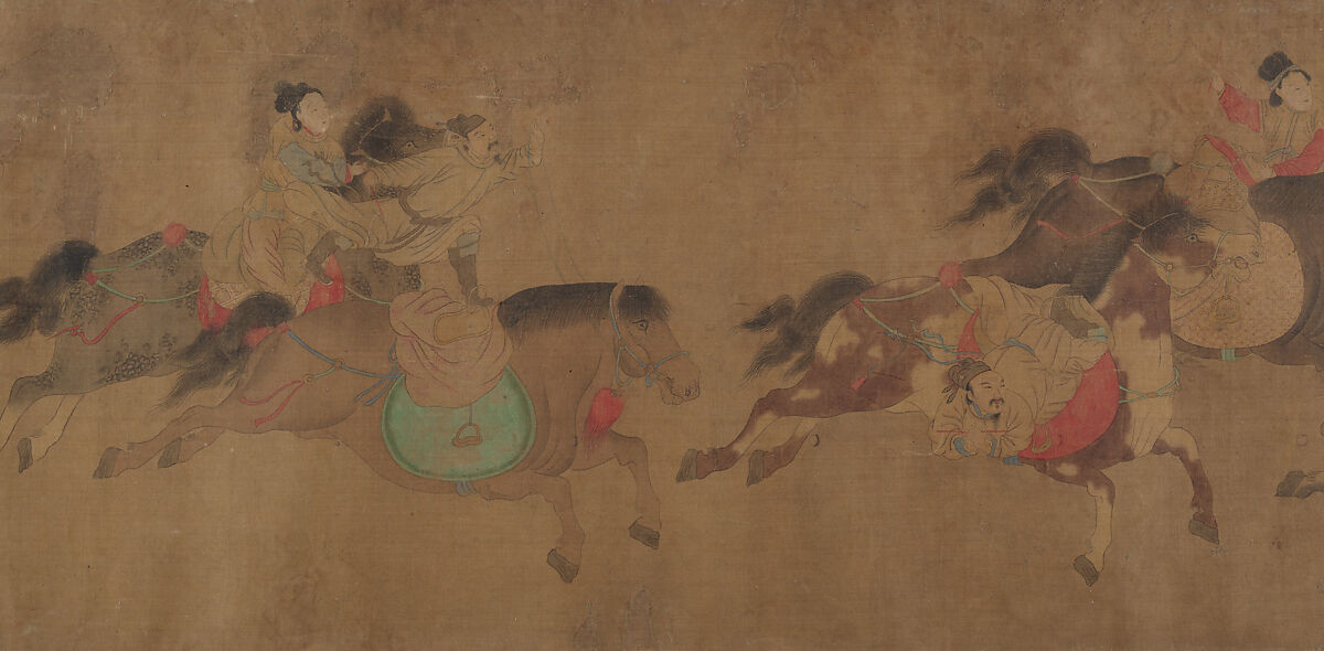 Horsemanship demonstration, Spurious signature of Zhao Yong (Chinese, 1289–after 1360), Handscroll; ink and color on silk, China 