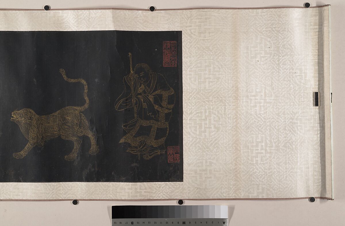 Buddhist Scroll: The Eighteen Luohans, Unidentified artist, Handscroll; gold on black paper, China