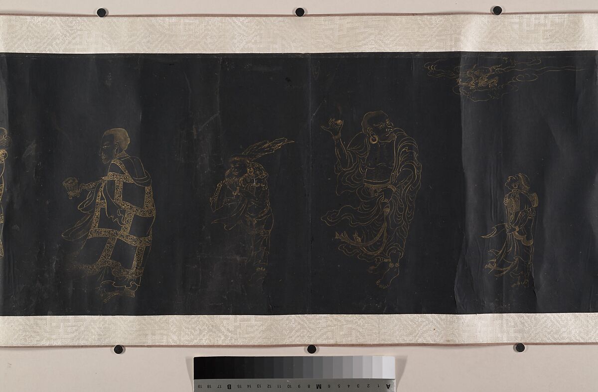 Buddhist Scroll: The Eighteen Luohans, Unidentified artist, Handscroll; gold on black paper, China