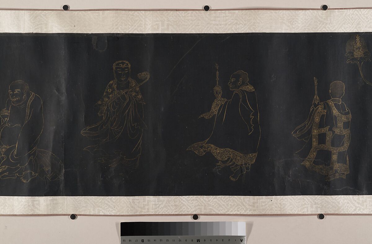 Buddhist Scroll: The Eighteen Luohans, Unidentified artist, Handscroll; gold on black paper, China