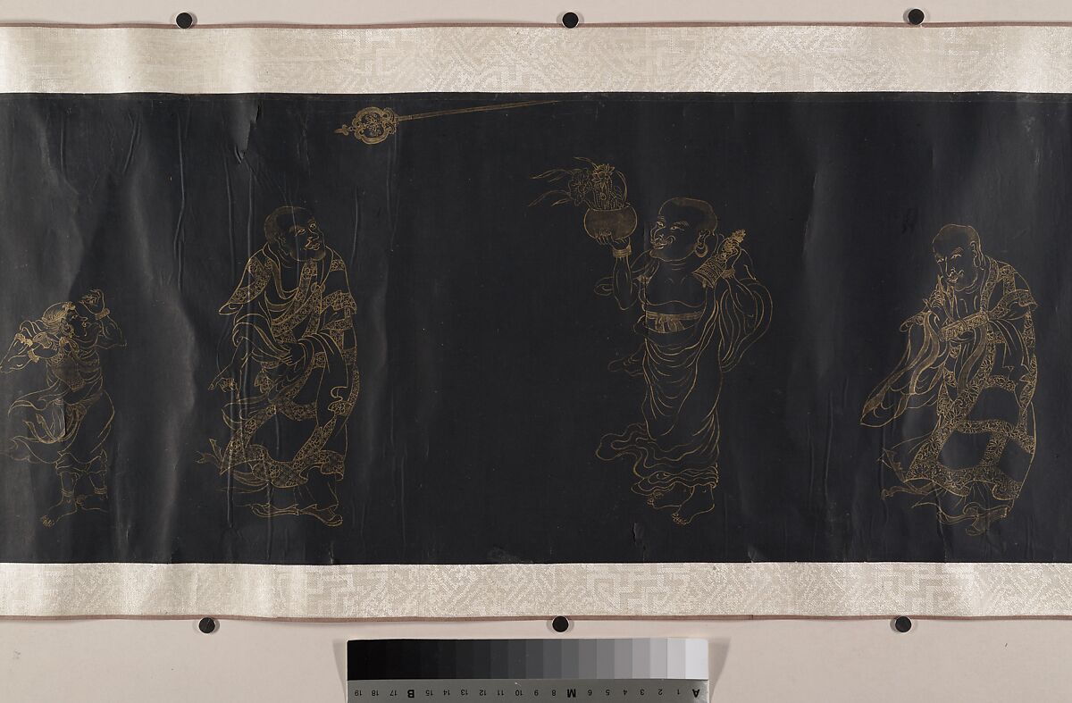 Buddhist Scroll: The Eighteen Luohans, Unidentified artist, Handscroll; gold on black paper, China