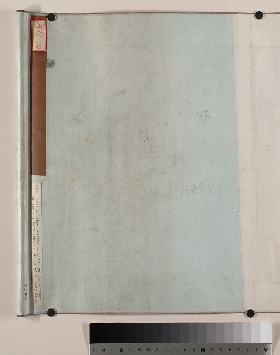 Buddhist Scroll: The Eighteen Luohans, Unidentified artist, Handscroll; gold on black paper, China