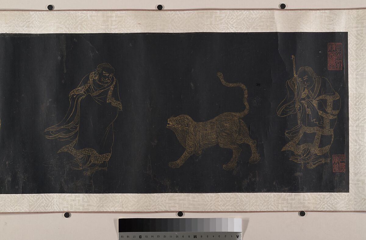 Buddhist Scroll: The Eighteen Luohans, Unidentified artist, Handscroll; gold on black paper, China