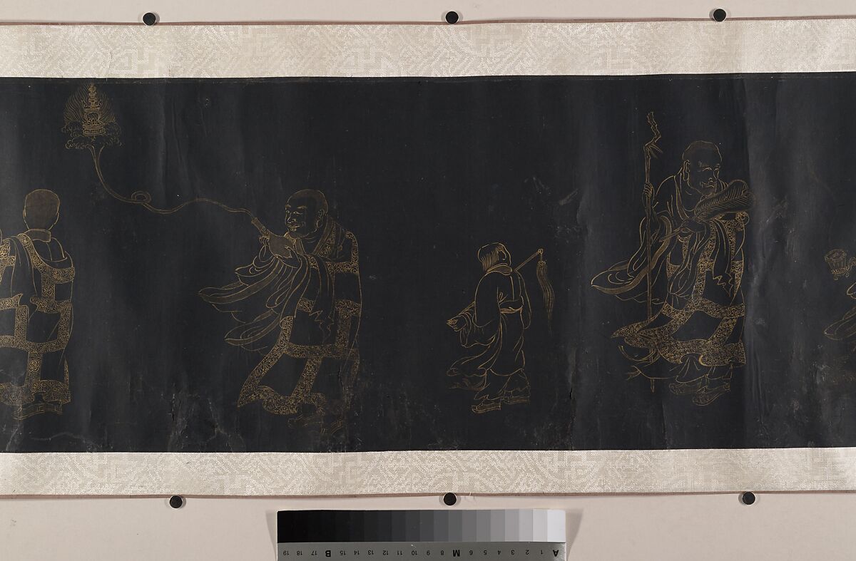 Buddhist Scroll: The Eighteen Luohans, Unidentified artist, Handscroll; gold on black paper, China