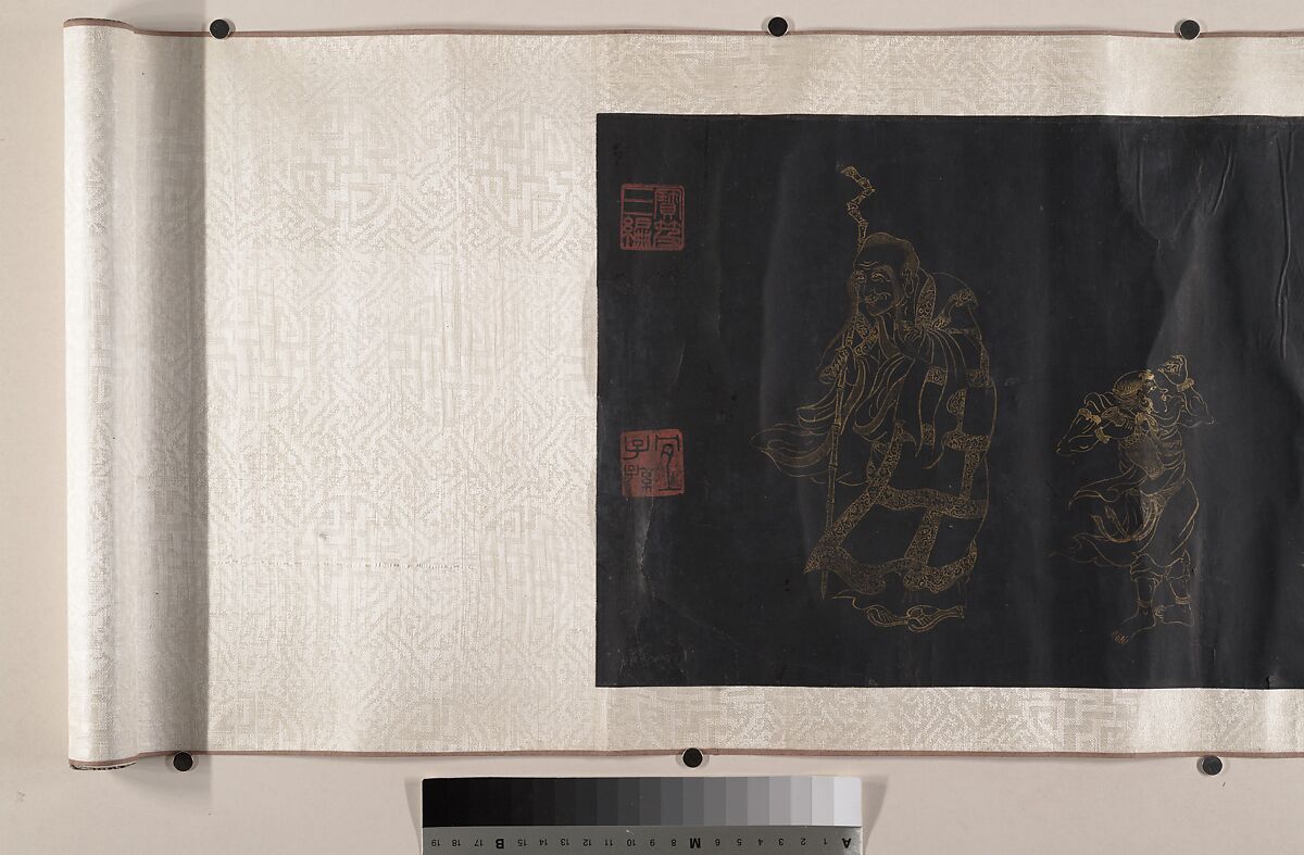 Buddhist Scroll: The Eighteen Luohans, Unidentified artist, Handscroll; gold on black paper, China