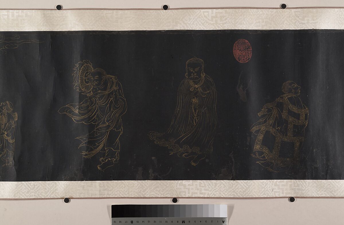 Buddhist Scroll: The Eighteen Luohans, Unidentified artist, Handscroll; gold on black paper, China