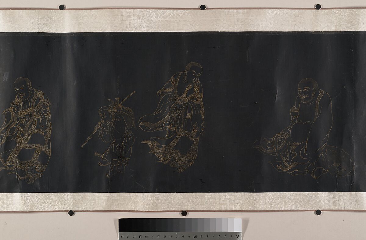 Buddhist Scroll: The Eighteen Luohans, Unidentified artist, Handscroll; gold on black paper, China