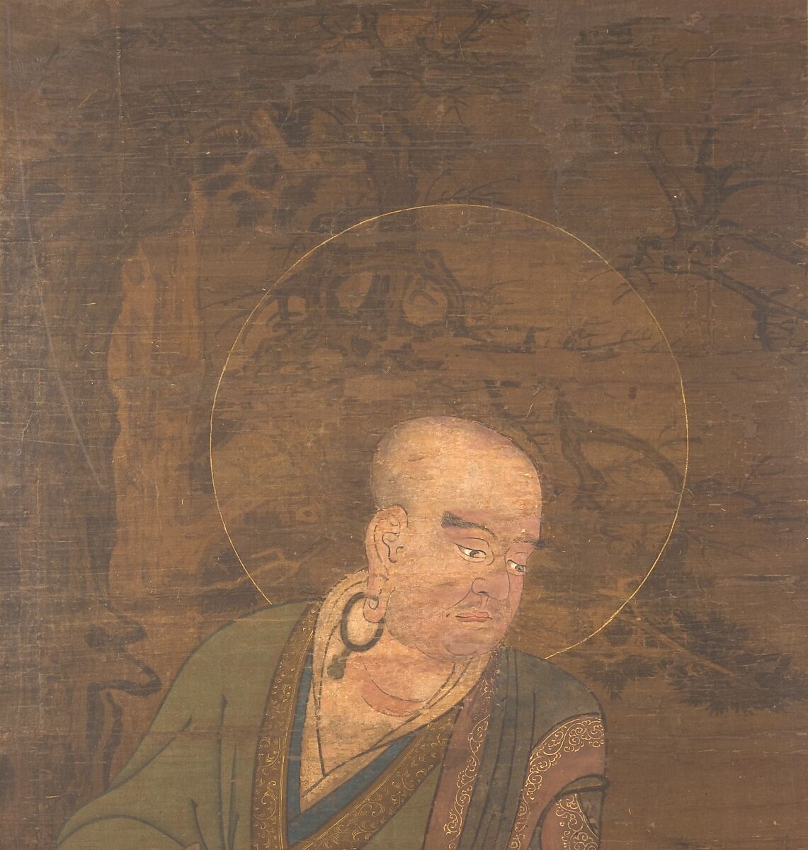 Rakan, Unidentified artist Japanese, 16th century, Hanging scroll; ink, color, gold, and cut gold on silk, Japan