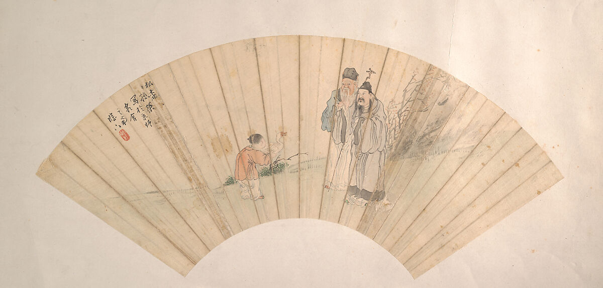 Two Scholars and Boy with Goose, Sun Rong, Fan mounted as an album leaf; ink and color on silk, China 