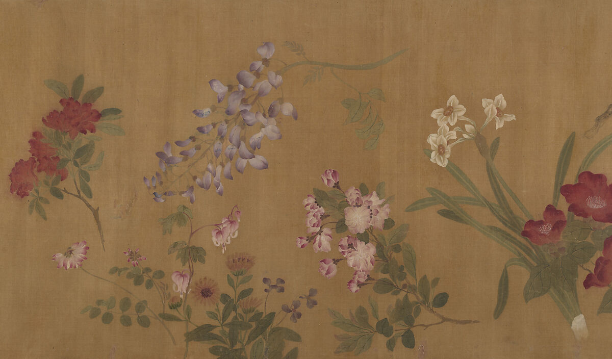 The Hundred Flowers, Attributed to Wang Yuan (Chinese, ca. 1280–after 1349), Handscroll; ink and color on silk, China 